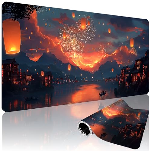 XXL Gaming Mouse Pad 35.4 x 15.7 Inch, Large Desk Mousepad with Moonlit Asian Landscape Design, Water-Resistant Surface, Stitched Edges, Non-Slip Rubber Base Desk Mat - color: Moonlit Asian Landscape