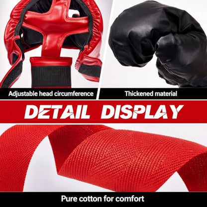 Kanayu 14 Pcs Boxing Gloves and Headgear Set for Beginners Youth 16 Ounce Boxing Gloves Headgear Helmet Hand Wraps Mouth Guards Equipment for Beginners Training Equipment Gifts - color: Black, Red