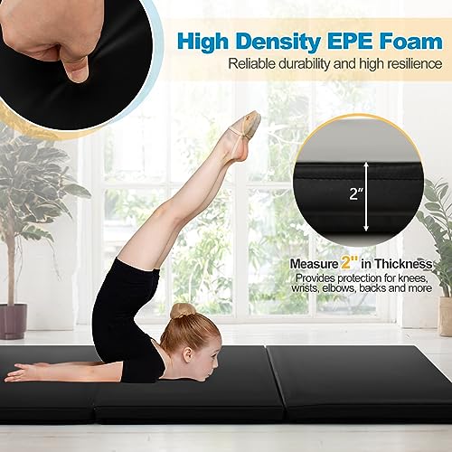 Goplus Folding Gymnastics Mat, 6’ x 2’ x 2’’ Thick Tri-Fold Exercise Tumbling Mat w/Carrying Handles, Hook & Loop Fastener, Gym mats for Home Fitness Yoga Aerobics Workouts Martial Arts - color: Black