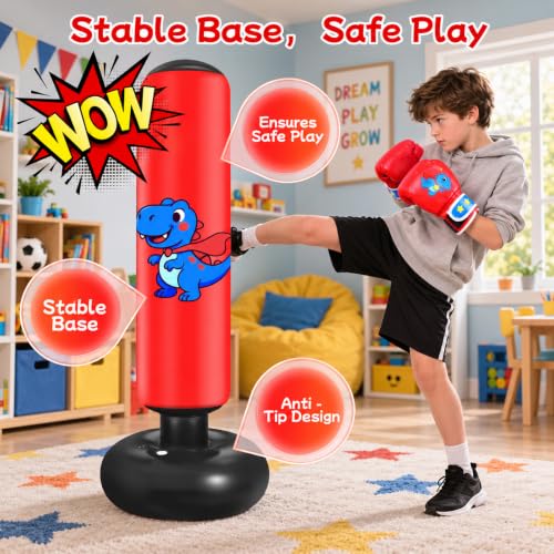 Qoosea Punching Bag for Kids 48in Dinosaur Toys Boxing Bag Set with Gloves - color: Red-63 IN