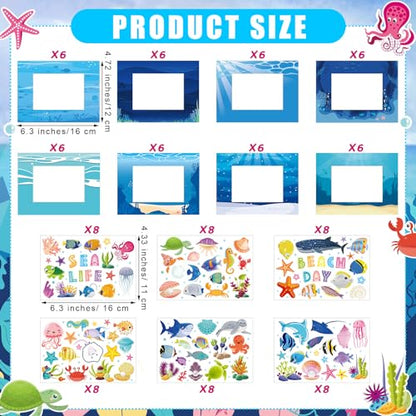96 Pcs Under The Sea Picture Frame Craft DIY Summer Ocean Beach Photo Frame Crafts with Sea Animals Stickers for Summer Party Home Activities - style: Ocean