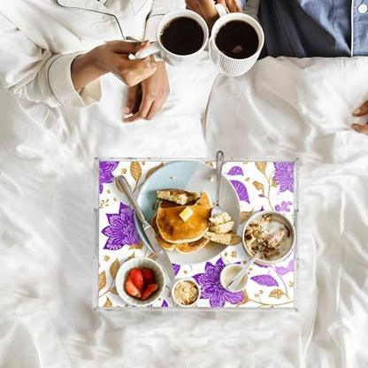 Acrylic Tray Clear Serving Vanity Ottoman Bathroom Coffee Table Countertop Organizer Raised Edge Spill Proof Purple Paisley Goild Leaf - color: Purple Paisley Goild Leaf