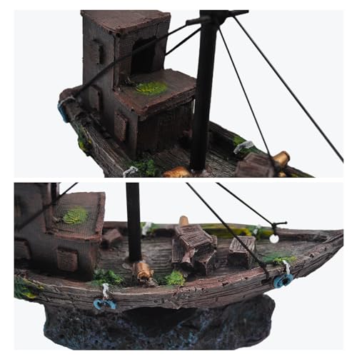 Aquarium Shipwreck Decor Fish Tank Sunken Ship Ornament Pirate Shipwreck Decoration Resin Sunken Boat Betta Fish Sunken Ships Accessories for Freshwater Saltwater Tanks, Dark Brown - style: Sunken ship (A)