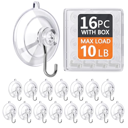 Suction Cup Hooks 16Pack - Max Load 10LB, 1.77Inch Clear Medium Suction Cups, No Trace, Reusable & Removable, Stainless Steel Hooks, for Tile, Glass, Window, Shower, Kitchen, Bathroom - size: 16pc-Medium Size