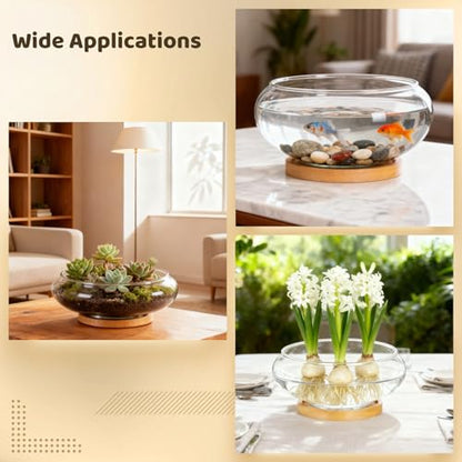 4PCS Lotus Bowl Planter with Wood Tray, 6 Inch Round Glass Vase for Hydroponics, Glass Fish Bowl, Bowl Planter for Plants Indoor Windowsill, Home Decor (4PCS)
