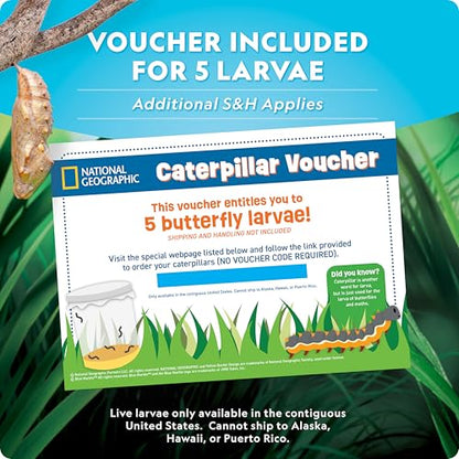 National Geographic Butterfly Growing Kit - Butterfly Habitat Kit with Voucher to Redeem 5 Caterpillars (S&H Not Included), Butterfly Cage, Feeder (Amazon Exclusive) - style: Starter Butterfly Kit