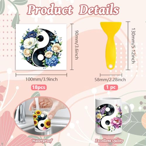 Peacoblue 18 Sheets Rub on Transfers for Crafts, Yin Yang with Sunflower and Daisy 3.6"x3.9" UV DTF Cup Wraps Waterproof Cold Transfers Stickers for Wood Glass Cup Tumblers Mirrors Mugs Home Decor - style: Yin Yang with Sunflower and Daisy