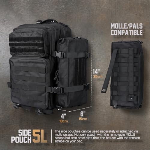 WYNEX Large Molle Pouch, Side Admin Sustainment Pouch for Tactical Backpack | Molle Attachments Bag, Vertical Pack for Military Assault Backpack Army Rucksack, with Shoulder Strap for Use as Sling Bag - color: Black (upgraded)