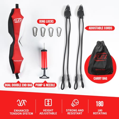 Flex Dual Double End Punching Bag and Extra Adjustable Bungee Cords Bundle - Complete Home & Gym Exercise Equipment Set for Men & Women