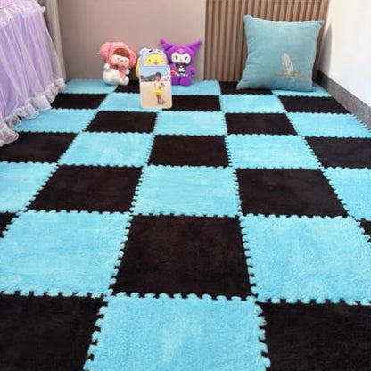 10 Pieces Plush Puzzle Play Mat 12''x12''x0.4'' Interlocking EVA Foam Mats,Shaggy Fluffy Carpet Floor Tiles Non-Slip Protective Floor Area Rug (Blue Black) - color: Blue Black