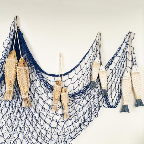 8 Pack Hand Carved Antique Wood Fish Sculpture Decor Ornament with Fishnet, Wooden Nautical Beach Theme Wall Art Hanging Fishing Net Decorations for DIY Party, Lake House, Bathroom Bedroom Blue