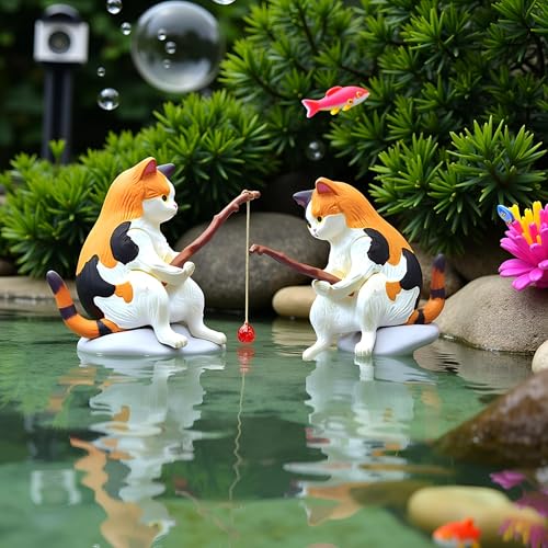 GANPUB 2Pcs Cat Fishing Figurine, Cute Cat Statue Decor, Resin Mini Fish Tank Decorations Craft Sculpture for Aquarium Tanks Desk Yard Pond Indoor Outdoor
