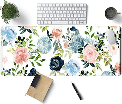 Gaming Green Desk Mat Desk Mouse Pads Purple Blue Pink Floral Mouse Pad Large, XL Big Computer Keyboard Mouse Mat Desk Pad Mat with Stitched Edge for Women Home Office Decor Deskmat 31.5x11.8 in