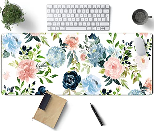 Gaming Green Desk Mat Desk Mouse Pads Purple Blue Pink Floral Mouse Pad Large, XL Big Computer Keyboard Mouse Mat Desk Pad Mat with Stitched Edge for Women Home Office Decor Deskmat 31.5x11.8 in - color: Flowers Pink Blue Purple