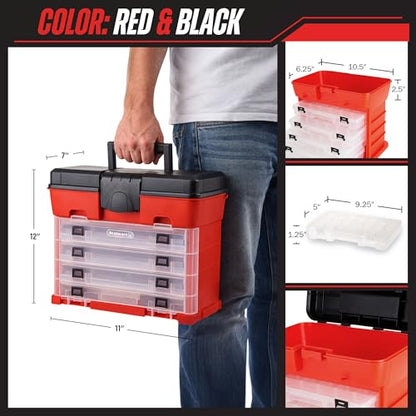 Small Parts Organizer Box - 11-Inch Portable Storage Case with 4 Removable Multi-Compartment Trays for Screws, Beads, Small Fishing Tackle, Hardware, and Craft Supplies by Stalwart (Red)