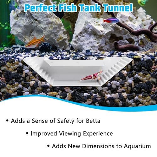 Aquarium Underground Tunnel Fish Tank Cave Viewing Shrimps Hideout Hermit Crab Decor with 2PC Plastic Aquatic Plants for Betta Guppy Cherry Shrimp and and Other Small Aquatic Animals (White