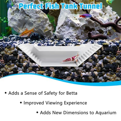 Aquarium Underground Tunnel Fish Tank Cave Viewing Shrimps Hideout Hermit Crab Decor with 2PC Plastic Aquatic Plants for Betta Guppy Cherry Shrimp and and Other Small Aquatic Animals (White