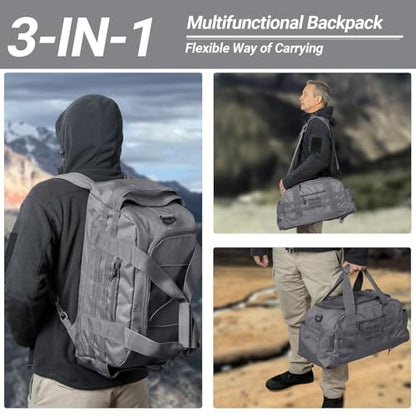Hannibal Tactical 35L Large Duffle Bag, 3-in-1 Tactical Backpack MOLLE Pack for Sports/Gym/Outdoor, Grey - color: Grey