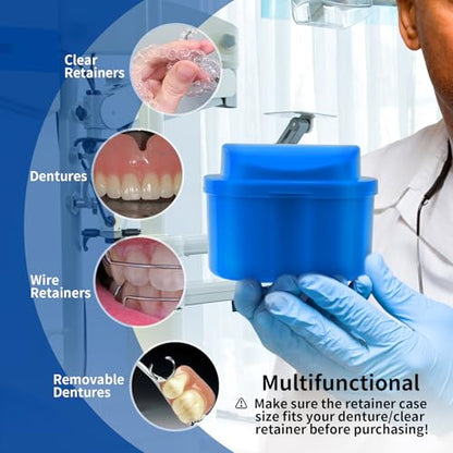 Denture Cup Dental Retainer Case Cleaning with Strainer Basket, Orthodontic Bath Box Mouthguard Storage Soaking Holder - Dark Blue - color: Dark Blue