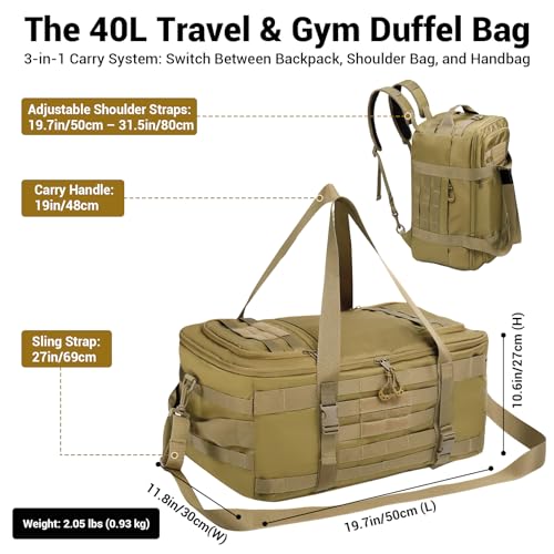 kokkoya 40L Tactical Gym Duffel Bag Molle Backpack for Men Travel | Main compartment opens 270 degrees. Hidden straps enable hand, shoulder and backpack carry with MOLLE organization system