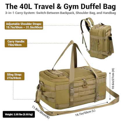 kokkoya 40L Tactical Gym Duffel Bag Molle Backpack for Men Travel | Main compartment opens 270 degrees. Hidden straps enable hand, shoulder and backpack carry with MOLLE organization system