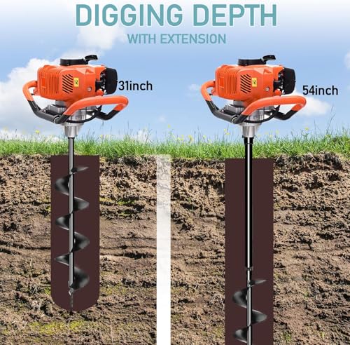 62cc Post Hole Digger, Gas Powered Post Hole Digger, Earth Auger Digger with 3 Drill Bit 3" & 5" & 8" and 3 Extension Rods 24" 24" 24" for Planting Fence Farmland Garden & Plant, 1400W - size: 62cc