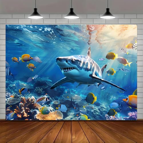 7x5FT Underwater Shark Backdrop Tropical Ocean World Coral Reef Photo Background Blue Sea Fish Aquarium Party Banner Kids Birthday Photography Summer Pool Party Wall Decor Supplies