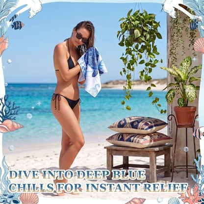 Mindsoft 12 Pack Blue Ocean Cooling Towels 35"x15" Instant Evaporative - style: Nautical