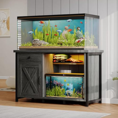 4ever2buy 55-75 Gallon Fish Tank Stand with Power Outlets, LED Light, Heavy Duty Aquarium Stand with Cabinet for Fish Tank Accessories Storage, for Turtle Tank, Reptile Terrarium, 1100LBS, Gray