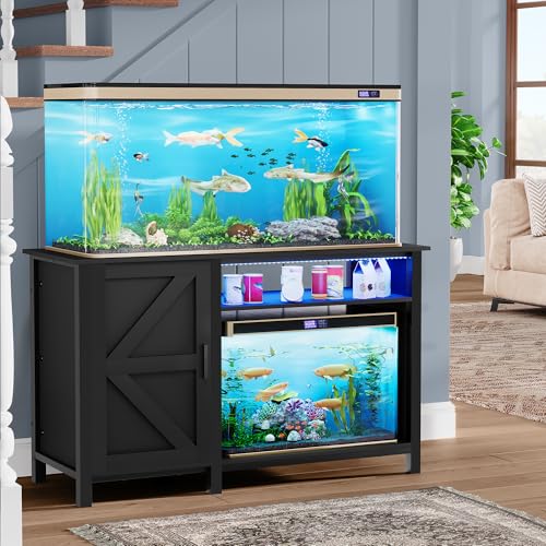 YITAHOME Aquarium Stand with Power Outlets, 55-75 Gallon Fish Tank Stand, Cabinet with RGB Light Strip Suitable for Turtle Tank, Reptile Terrarium, 900LBS Capacity, Black