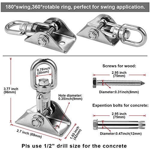 Heavy Duty Stainless Steel Hanging Kit Swing Hangers and Hammock Spring and Swing Swivel Spinner Kglobal Swivel Hook and Locking Snap Hooks for Wooden Sets，tire Swing Swivel, Seat Trapeze Yoga