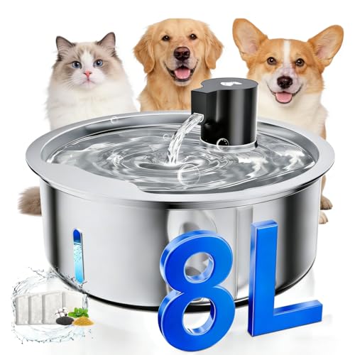 Dog Water Fountain, 8L Stainless Steel Dog Water Fountain for Large Dogs, Dog Water Bowl Dispenser, Super Quiet Pump and Replacement Filters for Cats and Dogs (Silver-8L+3Filters) - color: Silver-8L+3Filters