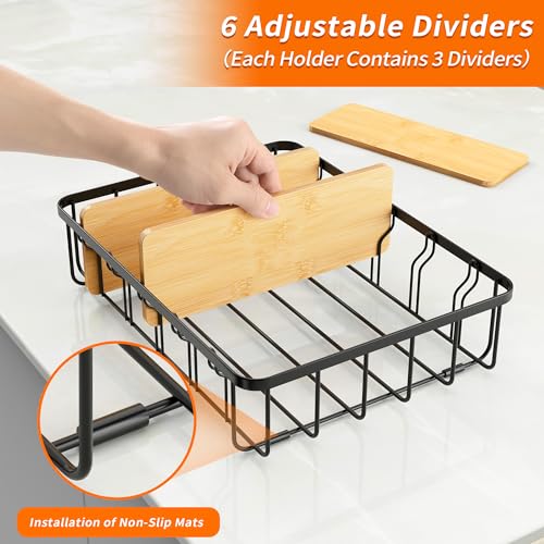 2-Pack Adjustable Lid Organizers - Large Kitchen Cabinet Organizer for Food Storage Container and Tumbler Cup Lids with 6 Bamboo Dividers -Organizers in Kitchen/Pantry/Laundry Room(Size:M+L)