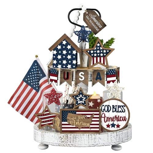 18 Pcs 4th of July Tiered Tray Decor Set - Patriotic Wooden Signs with Rustic Farmhouse Stars, Red White Blue Centerpieces for Independence Day Table & Mantel Decor(No Tray) - size: 7.1"