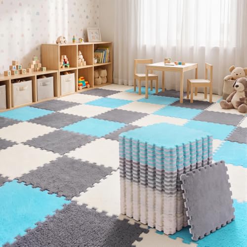 Amylove 36 Pcs Foam Interlocking Carpet Tiles,White, Light Gray, Royal Blue - color: White, Light Gray, Royal Blue