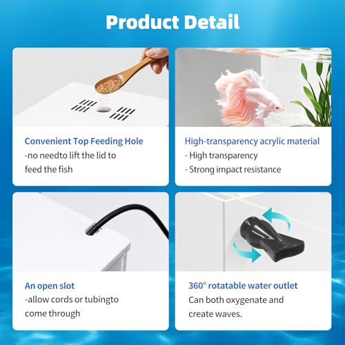 Small Fish Tank Betta 2.5 Gallon Desktop Aquarium Kit with LED Light and Water Pump & Black Filter Sponge & Bio Ball Filter Media Compact Aquarium for Betta Fish, Shrimp(White)