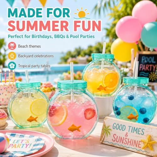 Fish Bowl Tumbler with Straw,Plastic Fish Bowl Cups with Lids and Straw Drinking Purse Bottles Glasses Fishing Decorations Tumblers Wimming Fun Gulp All Summer Big Capacity - color: 5PCS