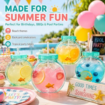 Fish Bowl Tumbler with Straw,Plastic Fish Bowl Cups with Lids and Straw Drinking Purse Bottles Glasses Fishing Decorations Tumblers Wimming Fun Gulp All Summer Big Capacity - color: 5PCS