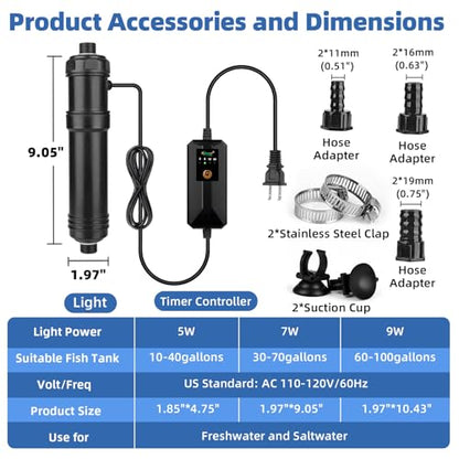 hygger 7W Aquarium U-V Light with Timer, 360° Protective Shield Clean Light for Crystal Clear Green Water, Submersible Fish Tank Cleaner for 30–70 Gallon Freshwater & Saltwater Aquariums - size: 1.97 * 9.05 inches