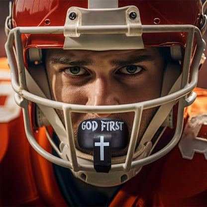 Outus Faith Cross Football Mouth Guard with Connected Strap, God First - style: GOD FIRST