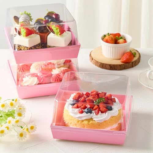 Pink Paper Cake Boxes with Clear Lids, 7 x 7 x 4 Inches, 20 Pack | Square Charcuterie Boxes, Disposable To Go Food Containers, For 4-6 Inch Cake, Jumbo Cupcakes, Bakeries - color: Pink