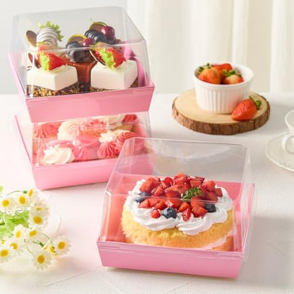 Pink Paper Cake Boxes with Clear Lids, 7 x 7 x 4 Inches, 20 Pack | Square Charcuterie Boxes, Disposable To Go Food Containers, For 4-6 Inch Cake, Jumbo Cupcakes, Bakeries - color: Pink