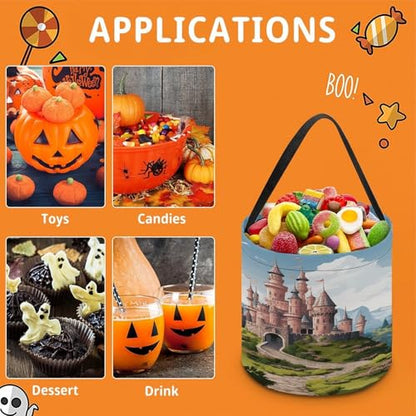 Halloween Trick Or Treat Bags With Handles Collapsible Candy Bucket Reusable Fairy Tale Castle Printed Goody Bucket For Holiday Party Gifts - color: Fairy Tale Castle