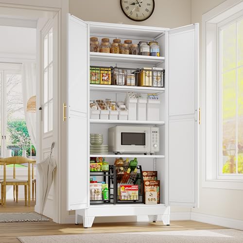 71" Tall Metal Storage Cabinet with 2 Doors and 4 Adjustable Shelves, Kitchen Pantry Cabinet White Freestanding Cupboard, 5 Tier Multifunctional Steel Storage for Office, Kitchen, Dining Room - color: White, size: 14.33''D*28.75''W*70.87''H