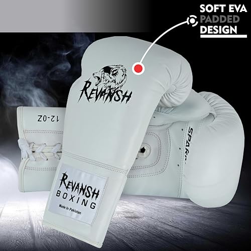 Revansh Prolace Cowhide Leather Boxing Gloves - Unisex, Professional Training & Sparring - Black and White - Sizes: 12 oz, 14 oz, 16 oz - color: White, size: 16 oz
