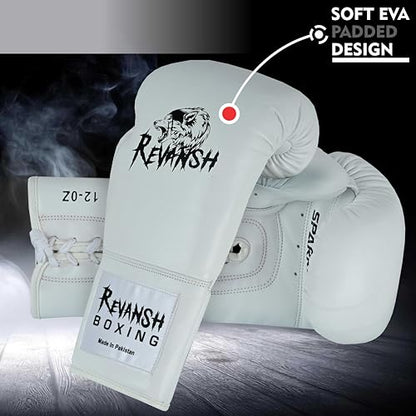 Revansh Prolace Cowhide Leather Boxing Gloves - Unisex, Professional Training & Sparring - Black and White - Sizes: 12 oz, 14 oz, 16 oz - color: White, size: 16 oz