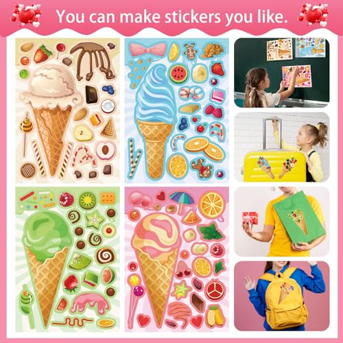24 Sheets Ice Cream Stickers, Make-a-face Stickers for Kids Toddlers, Make Your Own Mix and Match Stickers, DIY Summer Ice Cream Stickers for Birthday Party Games Teacher Reaward - style: Ice Cream Stickers