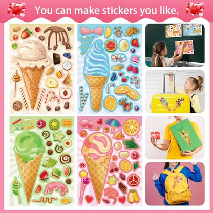 24 Sheets Ice Cream Stickers, Make-a-face Stickers for Kids Toddlers, Make Your Own Mix and Match Stickers, DIY Summer Ice Cream Stickers for Birthday Party Games Teacher Reaward - style: Ice Cream Stickers