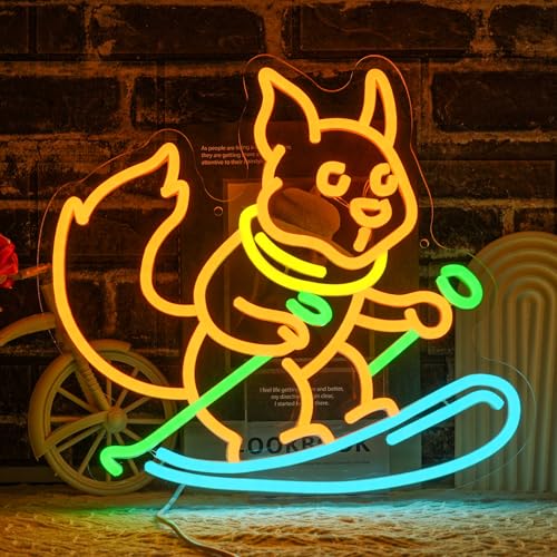 Squirrel Skiing Neon Sign for Wall Decor, Animal Snow Skiing Neon Signs Light, USB Powered Orange Squirrel Led Light Up Sign for Bedroom Pet Store Ski Area Decoration - style: Squirrel Skiing