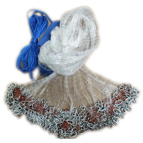 Fishing Cast Net 4ft-12ft Radius Saltwater Casting Nets for Bait Trap Fish Easy Throw Monofilament Line with Steel Chain Sinker 3/5 Inches Mesh Size